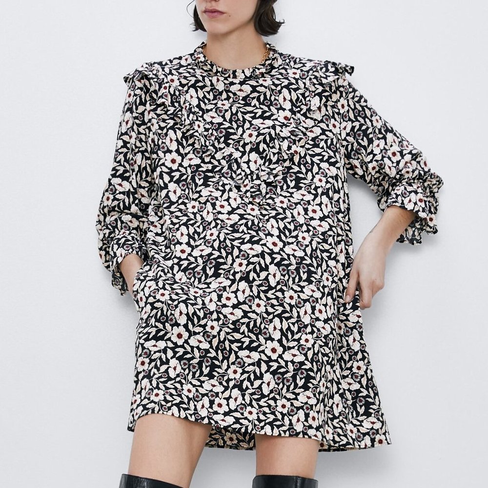 NEW Zara Ruffle Floral Printed Long Sleeves Dress - Picture 4 of 9